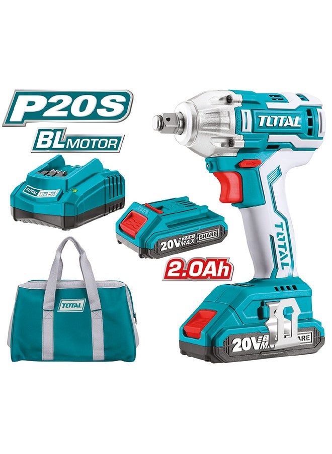 Total Tools TOTAL 20V Cordless Impact Wrench with Brushless Motor | Max Torque 300Nm | 2×2.0Ah Batteries + Charger + 3 Sockets (17/19/21mm) | LED Light | Canvas Bag  - Image 1
