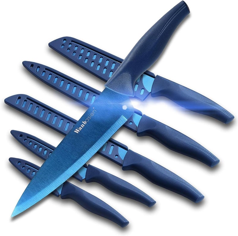Wanbasion Blue Stainless Steel Knife Set, Sharp Kitchen Knife Set Professional, Kitchen Knife Set Dishwasher Safe with Covers for Cooking - Image 1