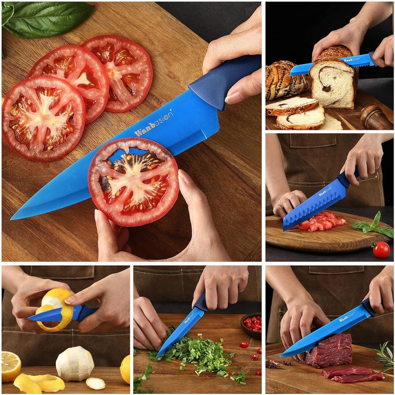 Wanbasion Blue Stainless Steel Knife Set, Sharp Kitchen Knife Set Professional, Kitchen Knife Set Dishwasher Safe with Covers for Cooking - Image 3