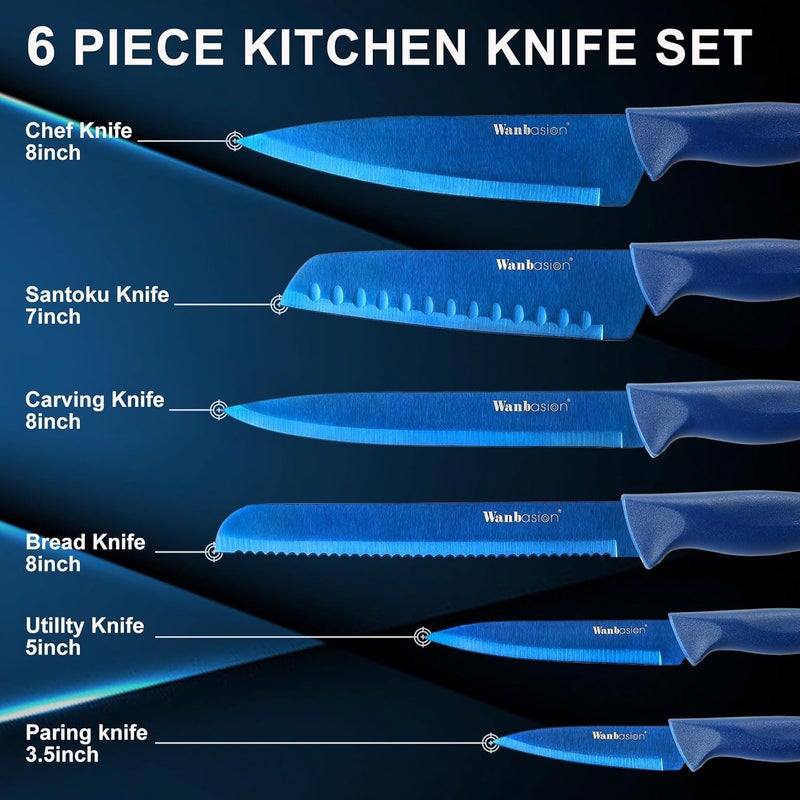 Wanbasion Blue Stainless Steel Knife Set, Sharp Kitchen Knife Set Professional, Kitchen Knife Set Dishwasher Safe with Covers for Cooking - Image 5