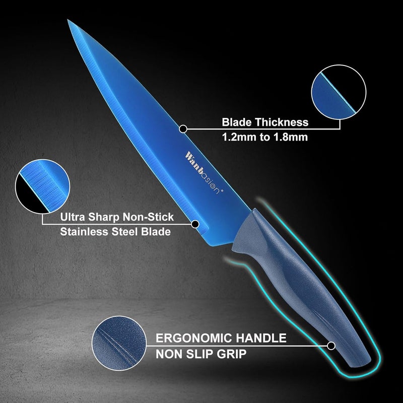 Wanbasion Blue Stainless Steel Knife Set, Sharp Kitchen Knife Set Professional, Kitchen Knife Set Dishwasher Safe with Covers for Cooking - Image 4