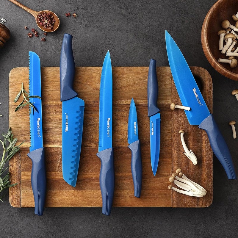 Wanbasion Blue Stainless Steel Knife Set, Sharp Kitchen Knife Set Professional, Kitchen Knife Set Dishwasher Safe with Covers for Cooking - Image 2