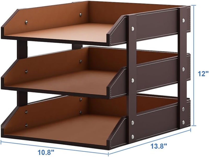 Thipoten منظم مكتب من الجلد، حامل صواني الرسائل القابل للتكديس من 3 طبقات لمستلزمات المكتب، الورق، الملفات، المجلات، تنظيم مكتبي مثالي لسطح المكتب (بني-3 طبقات) - Image 2