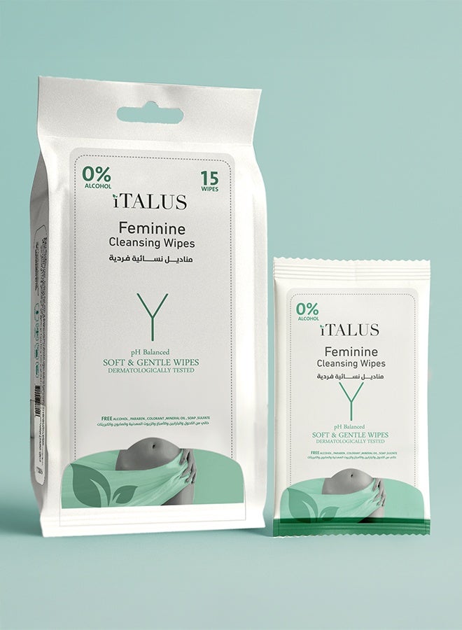 Italus Feminine Intimate Wipes – 15 Individually Wrapped Wipes – pH Balanced, Antibacterial, Travel-Friendly for Daily Use - Image 1