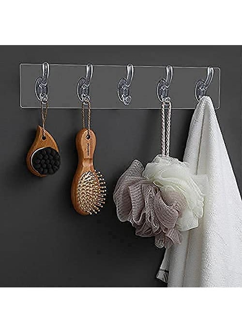 Skyroscoe Adhesive Sticker MultiPurpose 6 Hook for hanging strong Heavy Duty Sticky Hooks for Hanging Transparent Reusable Waterproof Stickon Hook for Wall Hangers for Kitchen Bathroom etc Pack of 1  - Image 3