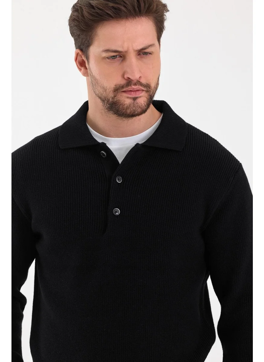 Odelon Men's Regular Fit Cotton Polo Collar Buttoned Black Knitwear Sweater