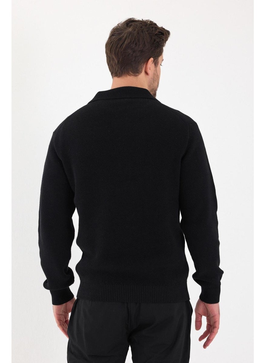 Odelon - Men's Regular Fit Cotton Polo Collar Buttoned Black Knitwear Sweater - Image 1