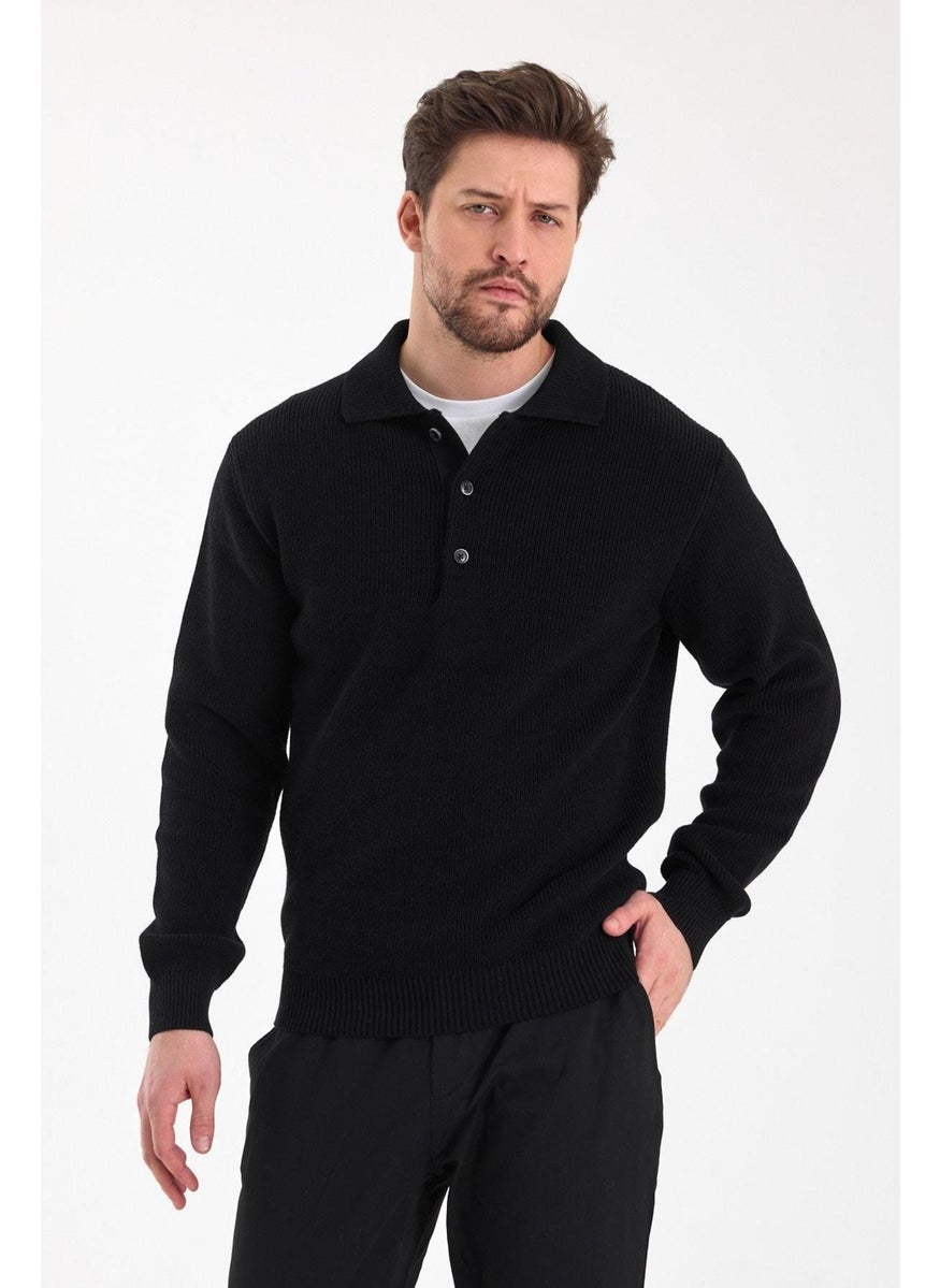 Odelon - Men's Regular Fit Cotton Polo Collar Buttoned Black Knitwear Sweater - Image 1