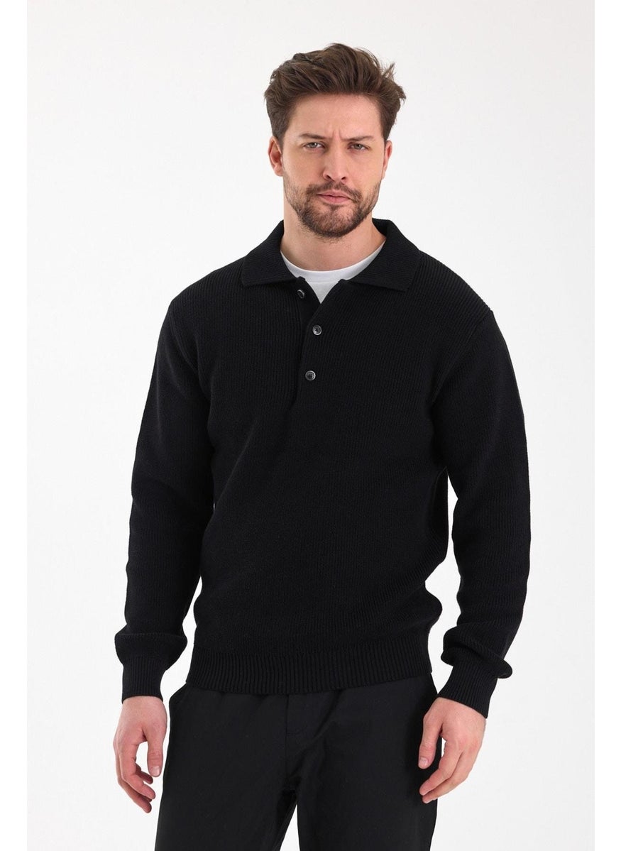 Odelon - Men's Regular Fit Cotton Polo Collar Buttoned Black Knitwear Sweater - Image 1