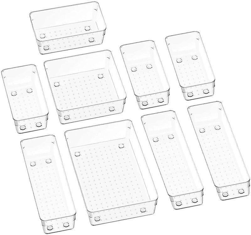Topinon Desk Drawer Organizer Trays Various Size Bathroom Organizer Storage Tray for Makeup, Jewelries, Utensils, Bedroom Dresser Office and Kitchen-Clear (9 pc Set) - Image 1
