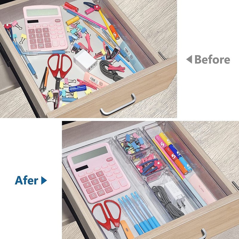 Topinon Desk Drawer Organizer Trays Various Size Bathroom Organizer Storage Tray for Makeup, Jewelries, Utensils, Bedroom Dresser Office and Kitchen-Clear (9 pc Set) - Image 5