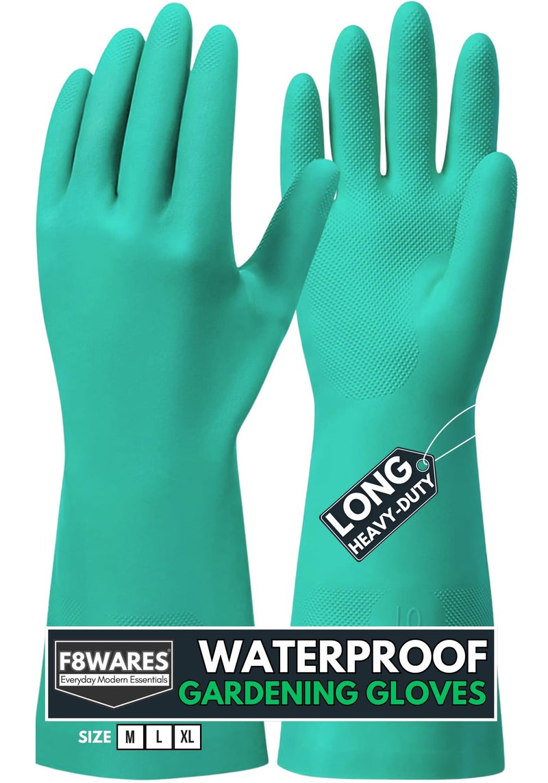 F8WARES 15 Inch Long Thick and Heavy Duty Reusable Nitrile Gardening Gloves - Waterproof Garden Gloves for Gardening Work, Home Garden and Farming Pack 1 Pair Large, Green - Image 1