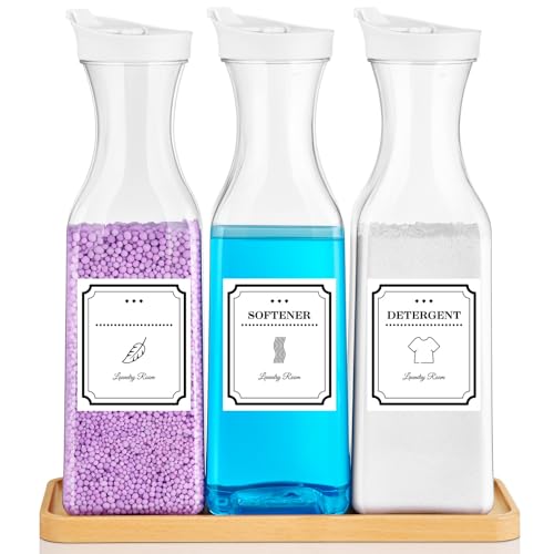 SUBEKYU Laundry Detergent Dispenser,54OZ Laundry Soap Dispenser,Liquid Laundry Detergent Container,Fabric Softener Dispenser with Bamboo Wood Tray,Laundry Room Organizer with 4 Labels - Image 1