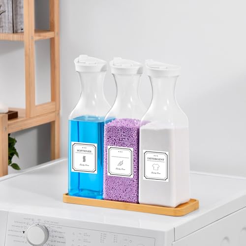 SUBEKYU Laundry Detergent Dispenser,54OZ Laundry Soap Dispenser,Liquid Laundry Detergent Container,Fabric Softener Dispenser with Bamboo Wood Tray,Laundry Room Organizer with 4 Labels - Image 4