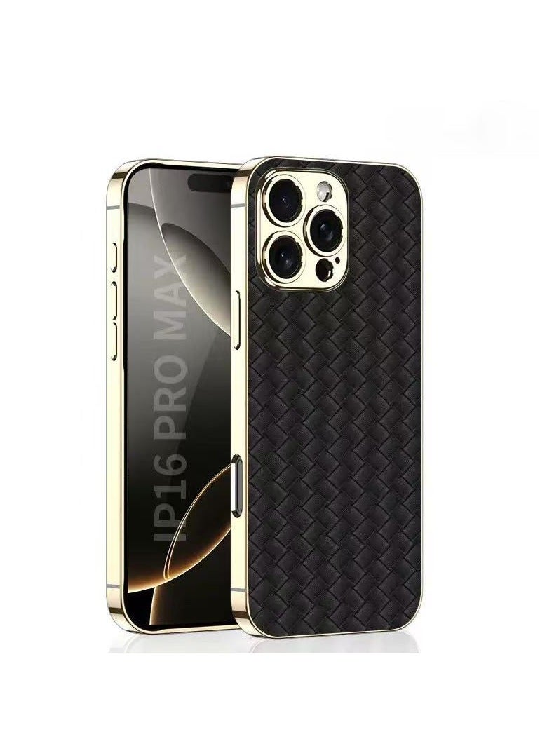 Suitable for iPhone16pro max electroplating plain leather anti-drop woven pattern phone case black - Image 1