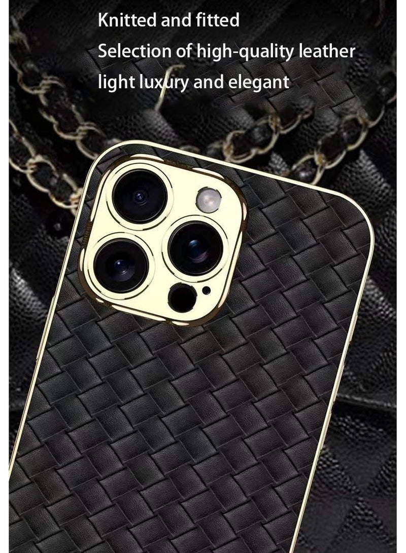 Suitable for iPhone16pro max electroplating plain leather anti-drop woven pattern phone case black - Image 2