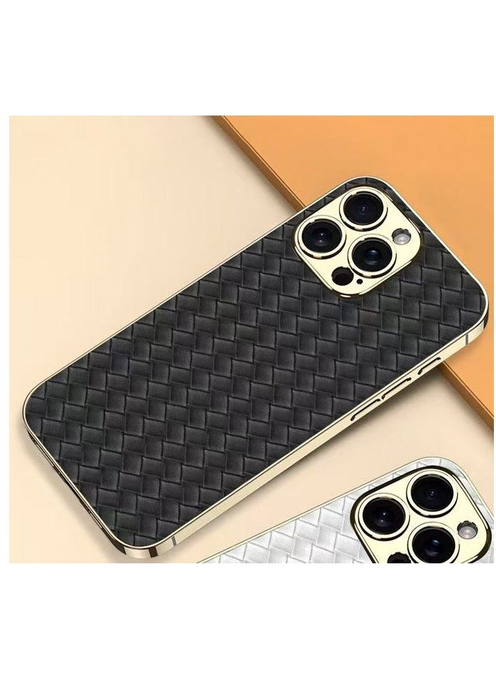 Suitable for iPhone16pro max electroplating plain leather anti-drop woven pattern phone case black - Image 3