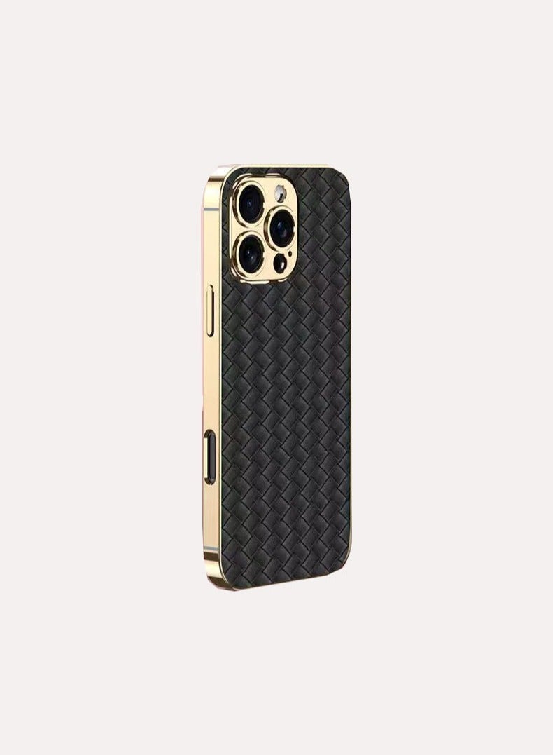 Suitable for iPhone16pro max electroplating plain leather anti-drop woven pattern phone case black - Image 4