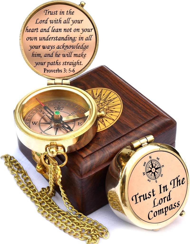 TA dizayn Trust in The Lord with All Your Heart -Proverbs 3: 5-6 Quote Engraved Compass with Wooden Box,Camping Compass, Gift Compass, Graduation Day Gifts 2025 Compass for Women Mens Boy Girls - Image 1