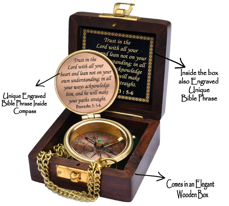TA dizayn Trust in The Lord with All Your Heart -Proverbs 3: 5-6 Quote Engraved Compass with Wooden Box,Camping Compass, Gift Compass, Graduation Day Gifts 2025 Compass for Women Mens Boy Girls - Image 2