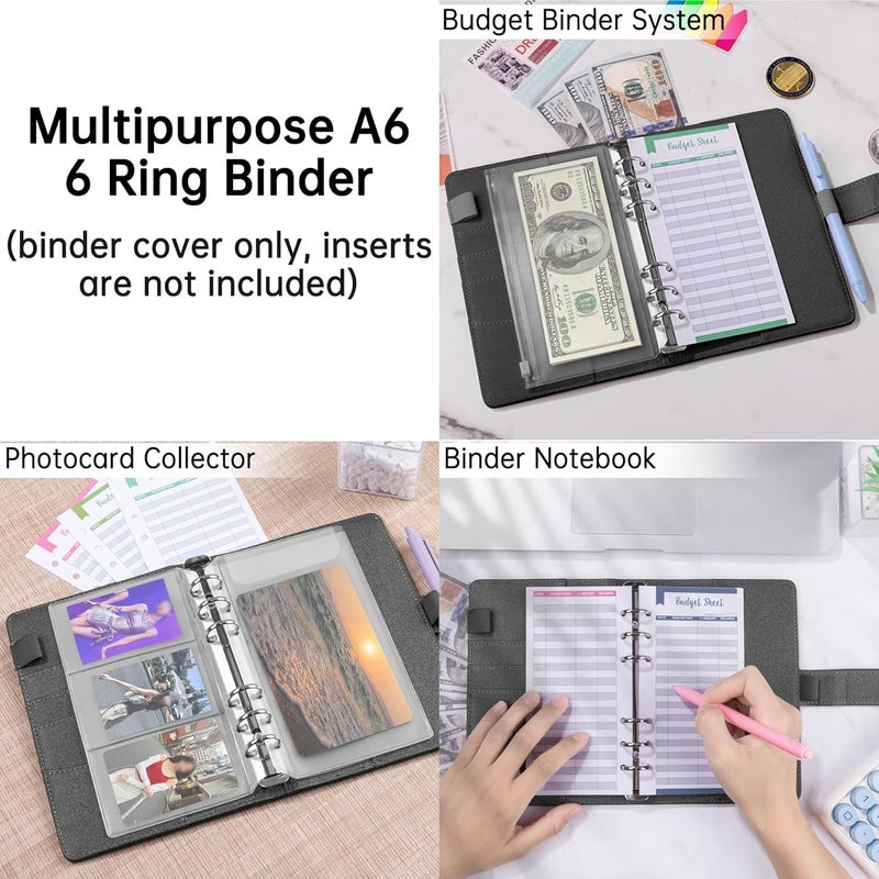 Antner A6 Notebook Binder Refillable 6 Ring Budget Binder Cover for A6 Refill Paper, PU Leather Budget Planner Organizer with Magnetic Buckle, Loose Leaf Personal Planner, Glitter Black Labor saving - Image 4