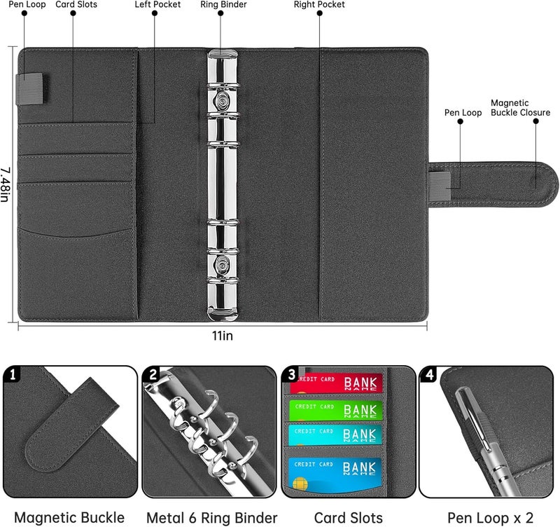 Antner A6 Notebook Binder Refillable 6 Ring Budget Binder Cover for A6 Refill Paper, PU Leather Budget Planner Organizer with Magnetic Buckle, Loose Leaf Personal Planner, Glitter Black Labor saving - Image 2