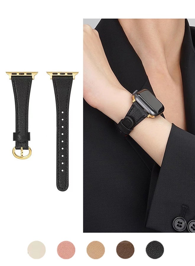 Leather Strap for Apple Watches, Compatible with Apple Watch Band 42mm 44mm 45mm 46mm 49mm Women, Top Grain Genuine Leather Strap Thin Watch Wristband for iWatch Series10 9 8 7 6 5 4 3 2 1 SE Ultra 2, Black - Image 1