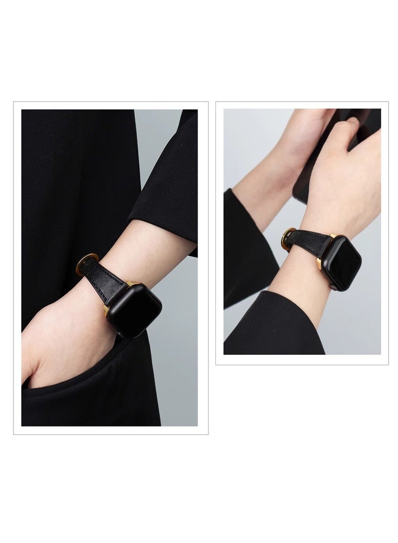 Leather Strap for Apple Watches, Compatible with Apple Watch Band 42mm 44mm 45mm 46mm 49mm Women, Top Grain Genuine Leather Strap Thin Watch Wristband for iWatch Series10 9 8 7 6 5 4 3 2 1 SE Ultra 2, Black - Image 4