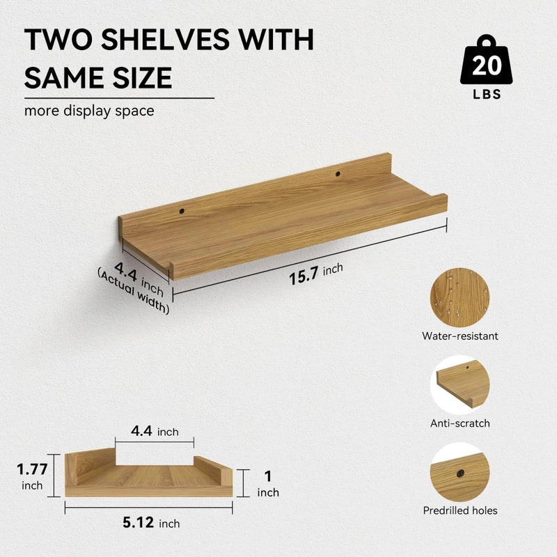 Boswillon Floating Shelves Set of 2, Modern Wall Shelves with Lip, Display Picture Ledge for Bedroom, Living Room, Bathroom, Kitchen - Oak - Image 2