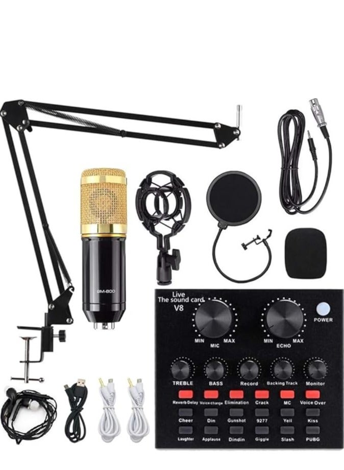 BM 850 Condenser Microphone Bundle Podcast Equipment Bundle with V8 Live Sound Card for Live Streaming, Singing, YouTube, Gaming, Smart Volume Adjustable Mixer Black - Image 1