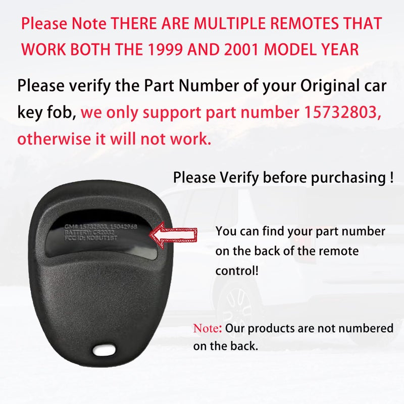 MechanMagic 2 Key Fob Replacement Fits for Chevy Tahoe Silverado Suburban 1500 S10 / GMC Sierra Yukon Jimmy 1999 2000 2001 2002 Keyless Entry Remote Control KOBUT1BT 15732803 315MHz 3-Btn - Image 2