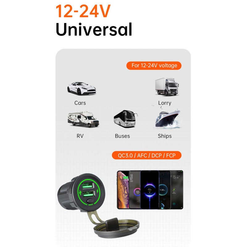 36W USB Car Charger With Switches And LED Light For 12V 24V Vehicles Cars Trucks SUVs Motorcycles Boats White - Image 3
