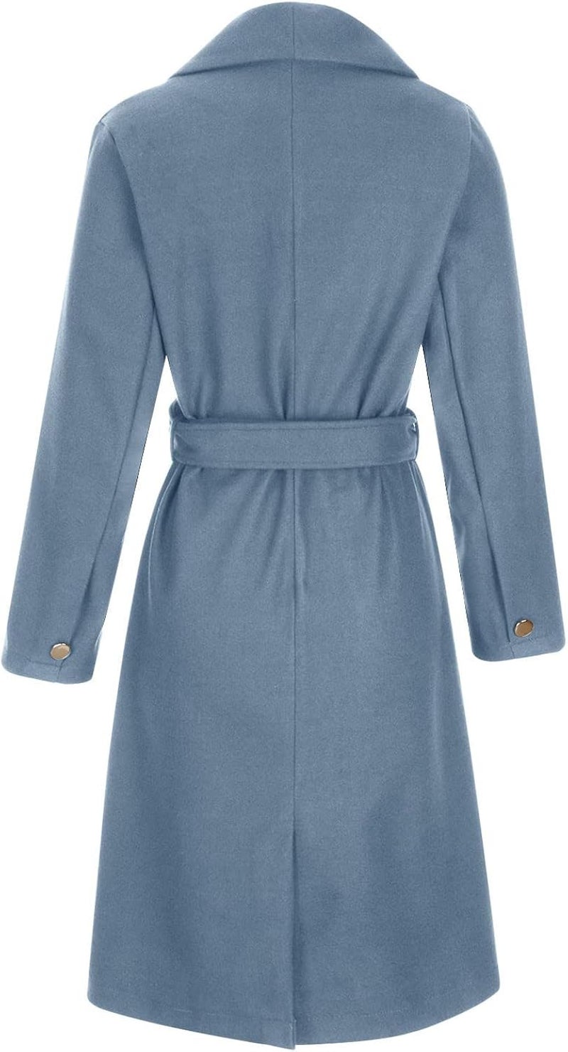 woobles Women's Faux Wool Notch Lapel Double Breasted Trench Belted Mid Long Outwear Winter Coat Slim Long Pea Coat Overcoat Medium 003-light Blue - Image 4