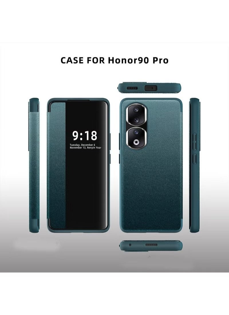 Compatible With Honor 90 Pro Case Frosting Clear View Window With Smart Sleep Flip Case Automatic Wake Up and Sleep Drop Protection Shockproof Protective Cover Premium Leather Phone Shell Case Cover