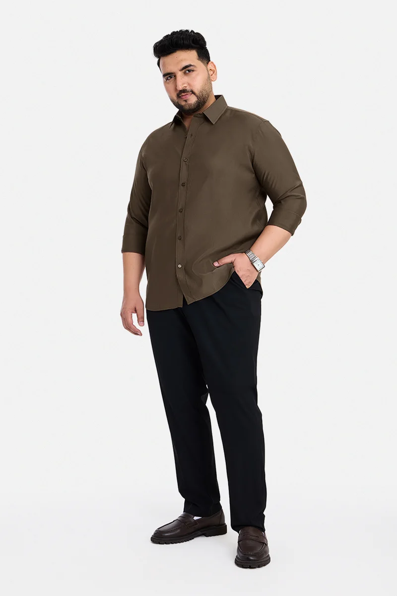 SNITCH Brown Solid Long Sleeve Regular Fit Casual Plus Size Shirt