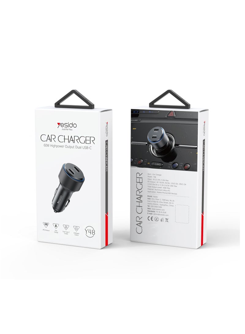 Yesido Y48 Car Charger Dual USB-C Port PD Fast Charging 60W Max Charger - Black - Image 1