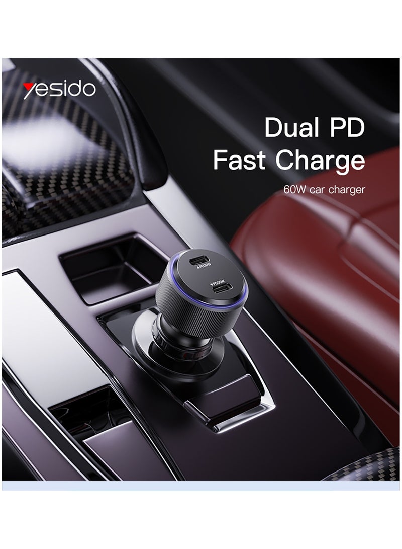 Yesido Y48 Car Charger Dual USB-C Port PD Fast Charging 60W Max Charger - Black - Image 3