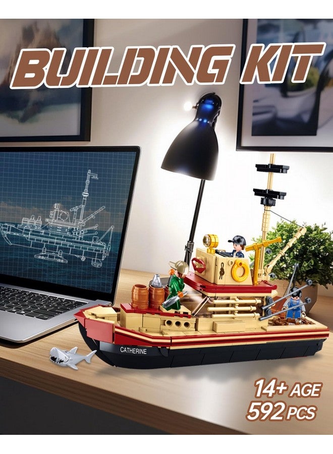 Sluban Fishing Boat Building Toy with Shark, Fishing Ship Building Kit with 3 Fisherman Minifigures, Birthday Valentine's Day Gifts for Adults Kids, Compatible with Lego Boat, 592 PCS - Image 2