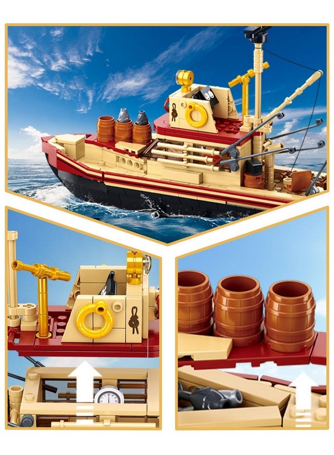 Sluban Fishing Boat Building Toy with Shark, Fishing Ship Building Kit with 3 Fisherman Minifigures, Birthday Valentine's Day Gifts for Adults Kids, Compatible with Lego Boat, 592 PCS - Image 3