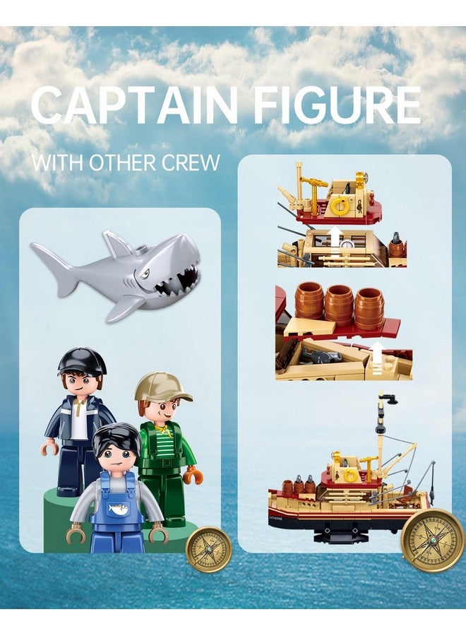 Sluban Fishing Boat Building Toy with Shark, Fishing Ship Building Kit with 3 Fisherman Minifigures, Birthday Valentine's Day Gifts for Adults Kids, Compatible with Lego Boat, 592 PCS - Image 4