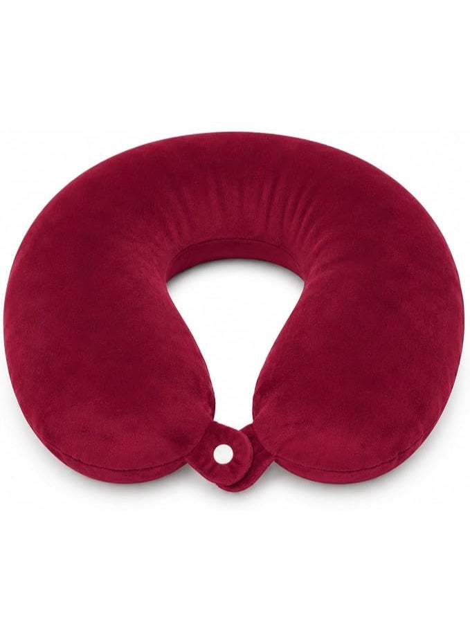 Memory Foam Travel Neck Pillow with Soft Velvet Cover Ergonomic Airplane Pillow Portable Neck Support Cushion for Car Train Office Camping Travel Accessories Comfortable Design (Maroon) - Image 1