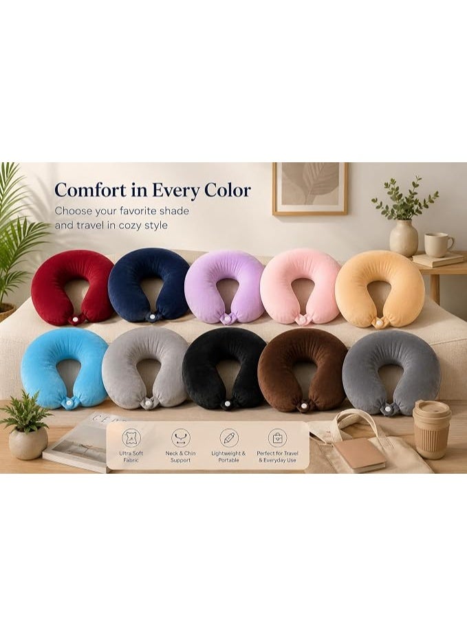 Memory Foam Travel Neck Pillow with Soft Velvet Cover Ergonomic Airplane Pillow Portable Neck Support Cushion for Car Train Office Camping Travel Accessories Comfortable Design (Maroon) - Image 2