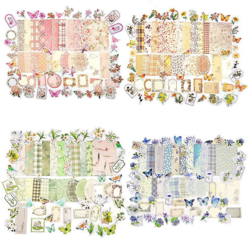 OKUPAN Vintage Floral Scrapbook Paper & Journaling Stickers (400pcs) Assorted Set - 4 Pack Junk Journal Supplies for Bullet Journaling, Retro Crafts, Planner, Mixed Media, Collage Card Album - Image 1