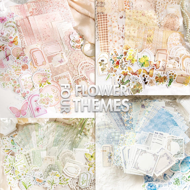OKUPAN Vintage Floral Scrapbook Paper & Journaling Stickers (400pcs) Assorted Set - 4 Pack Junk Journal Supplies for Bullet Journaling, Retro Crafts, Planner, Mixed Media, Collage Card Album - Image 2