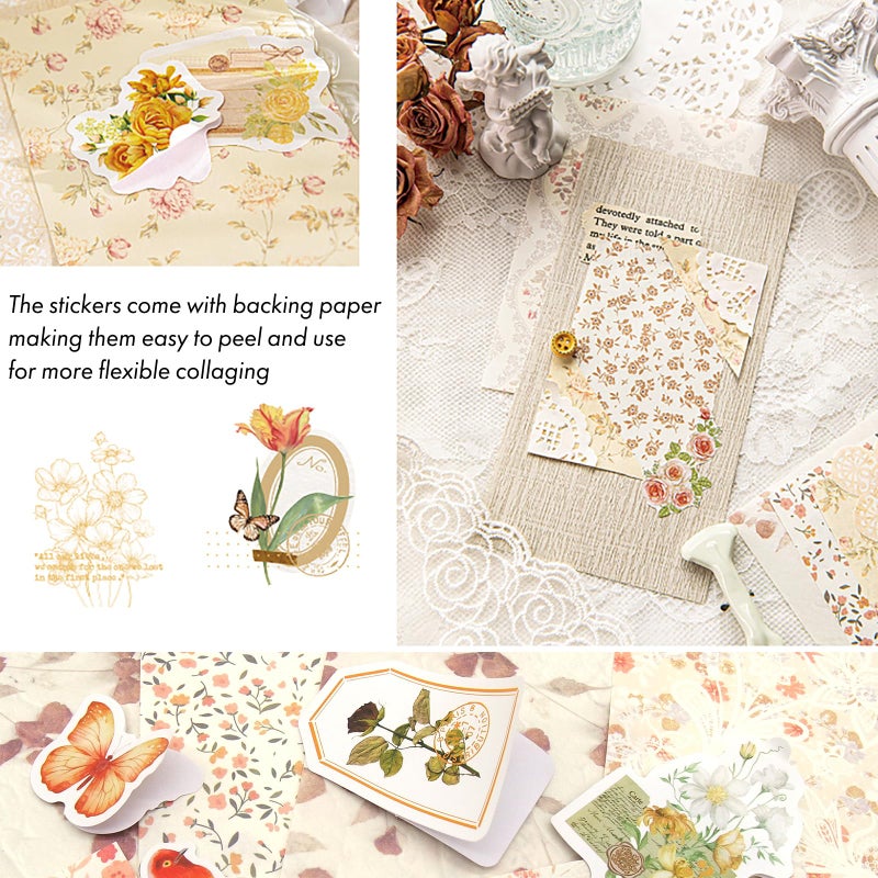 OKUPAN Vintage Floral Scrapbook Paper & Journaling Stickers (400pcs) Assorted Set - 4 Pack Junk Journal Supplies for Bullet Journaling, Retro Crafts, Planner, Mixed Media, Collage Card Album - Image 5