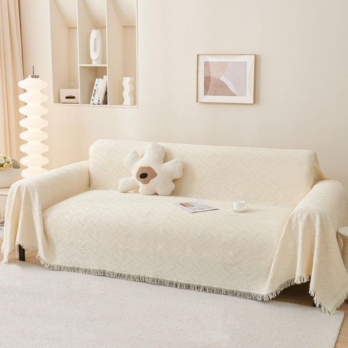 THROWS FOR SOFAS LARGE 3 SEATER SOFA THROW WITH DECORATIVE FRINGE VERSATILE WOVEN PATTERNED THROWS FOR SETTEES COUCH AND ARMCHAIRS 180X300CM CREAM