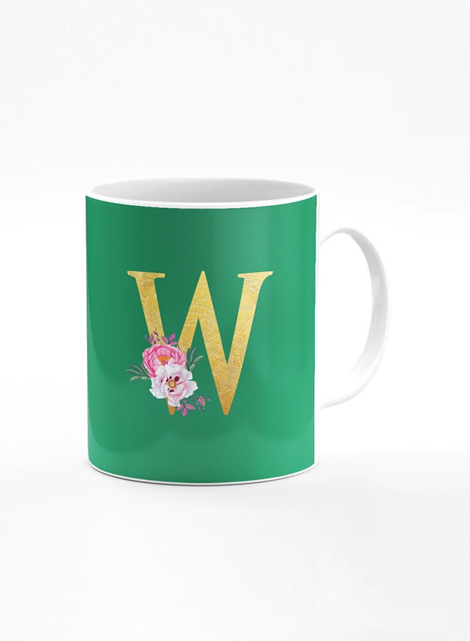 Stylizedd Designer Printed Coffee Mug 11oz Ceramic Personalised Gift Mugs Cup -Custom Monogram Initial Letter Floral Pattern Alphabet - W (Dark Spring Green)  - Image 1