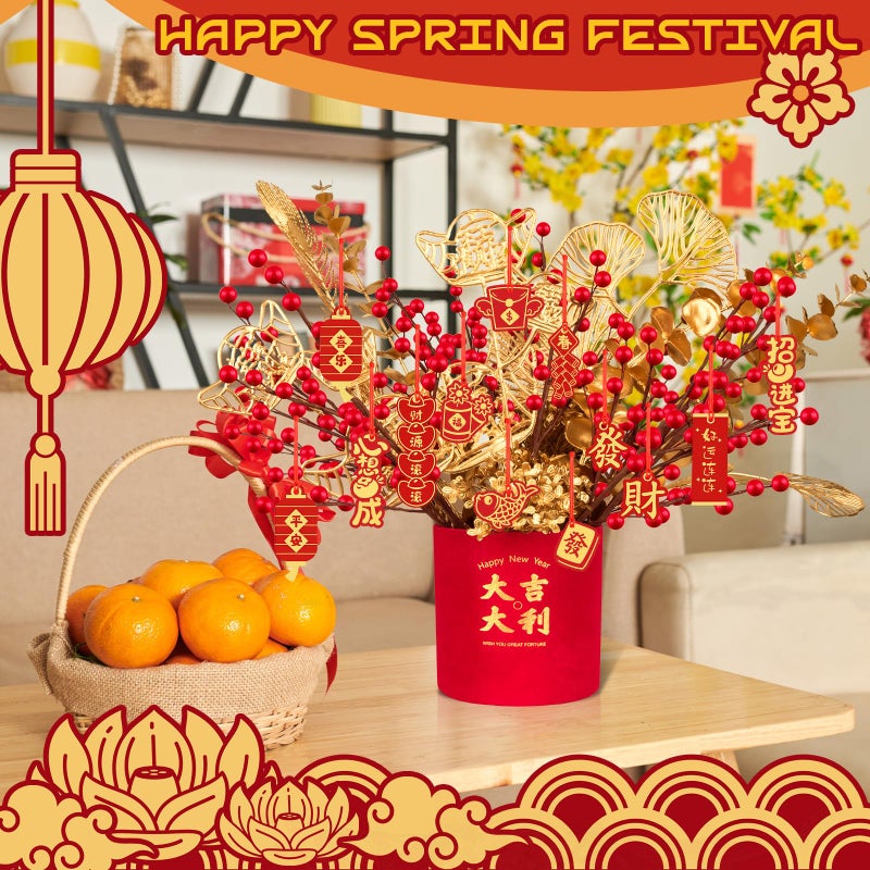 Demonwer Chinese New Year Artificial Potted Plant Luck Bucket Red Fruit and Gold Leaves Artificial Potted Flower Spring Festival Flower Blessing Bucket for Indoor Home Office Shelf Tabletop Decor - Image 5