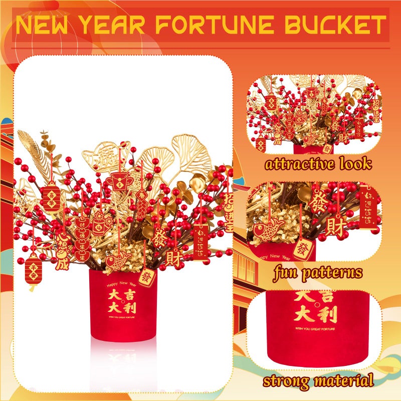 Demonwer Chinese New Year Artificial Potted Plant Luck Bucket Red Fruit and Gold Leaves Artificial Potted Flower Spring Festival Flower Blessing Bucket for Indoor Home Office Shelf Tabletop Decor - Image 3