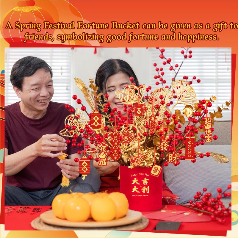Demonwer Chinese New Year Artificial Potted Plant Luck Bucket Red Fruit and Gold Leaves Artificial Potted Flower Spring Festival Flower Blessing Bucket for Indoor Home Office Shelf Tabletop Decor - Image 4